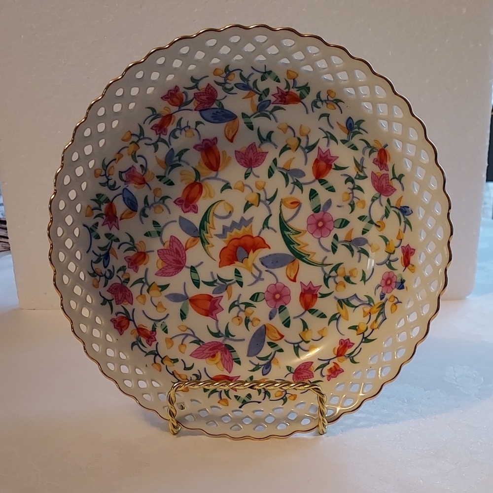 Vintage White Lattice edge Flowered Dish with Gold Trim Germany